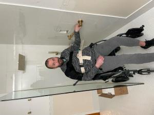 Kevin Freymann in his new wet bath shower (under construction)